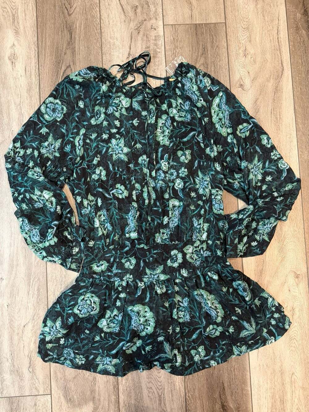Free People Dance Til Dawn Romper Size M Green Floral Long Sleeve-NWOT